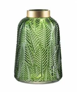 A&B Home Green & Gold Fern Leaf 9-Inch Glass Vase