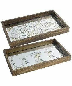 A&B Home Greta Rectangular Glass & Wood 2-Piece Tray Set