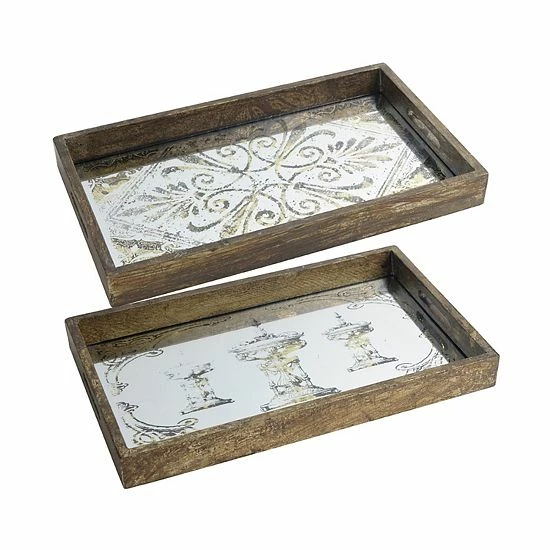 A&B Home Greta Rectangular Glass & Wood 2-Piece Tray Set